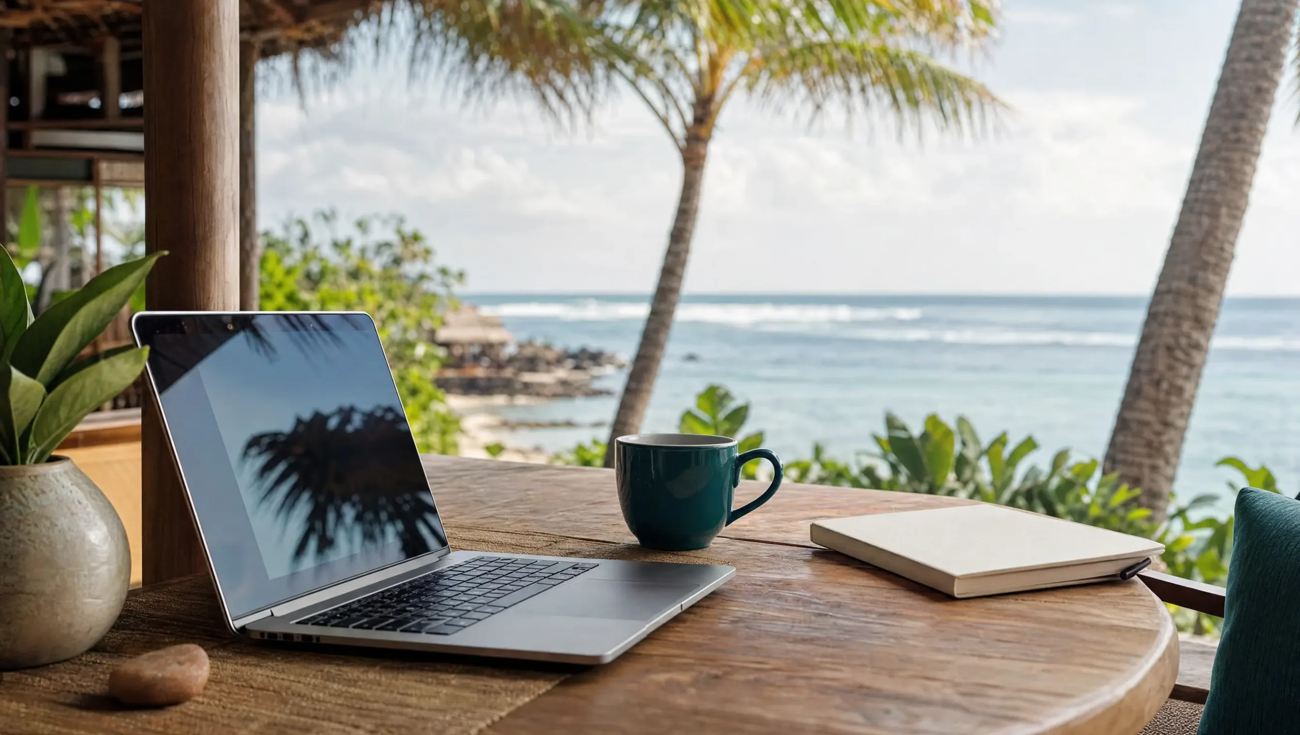 Laptop and coffee at a Bali beach cafe, an AI-generated lifestyle illustration
