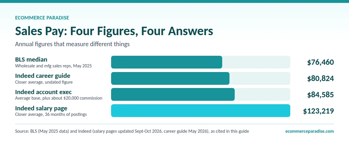 Bar chart: BLS median $76,460 vs Indeed closer averages of $80,824 and $123,219 for high ticket sales pay