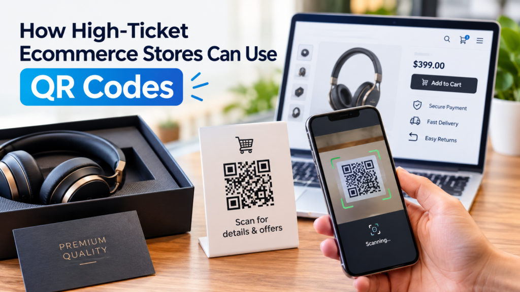 Phone scanning a QR code beside a premium ecommerce product page