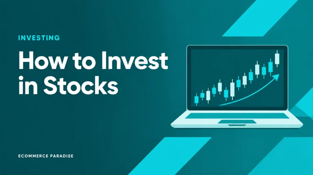 How to invest in stocks guide cover showing a stock chart in Ecommerce Paradise teal branding