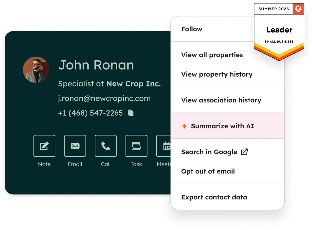 HubSpot CRM contact record with communication and property history