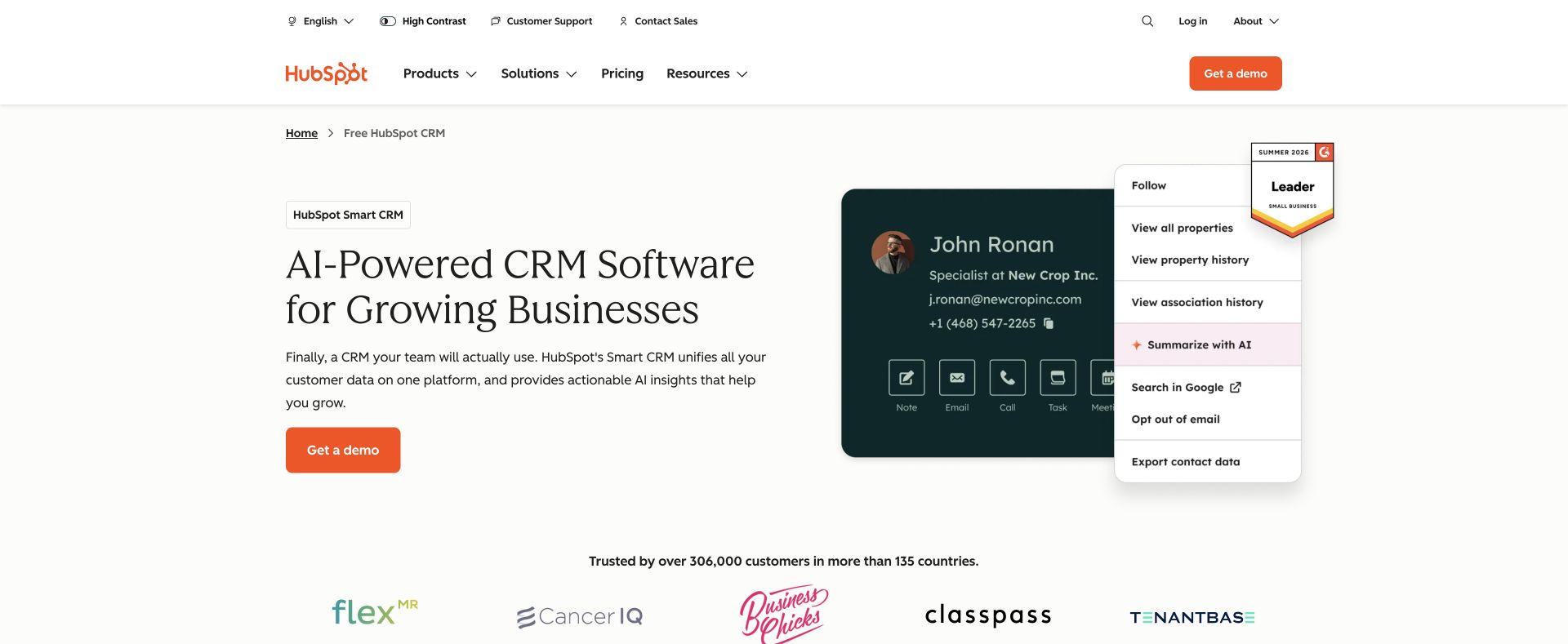 HubSpot official CRM platform page