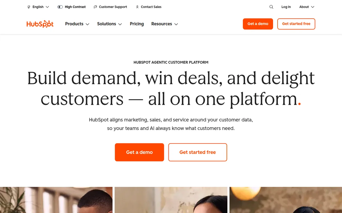 HubSpot homepage with the headline Build demand, win deals, and delight customers on one platform and a Get a demo button