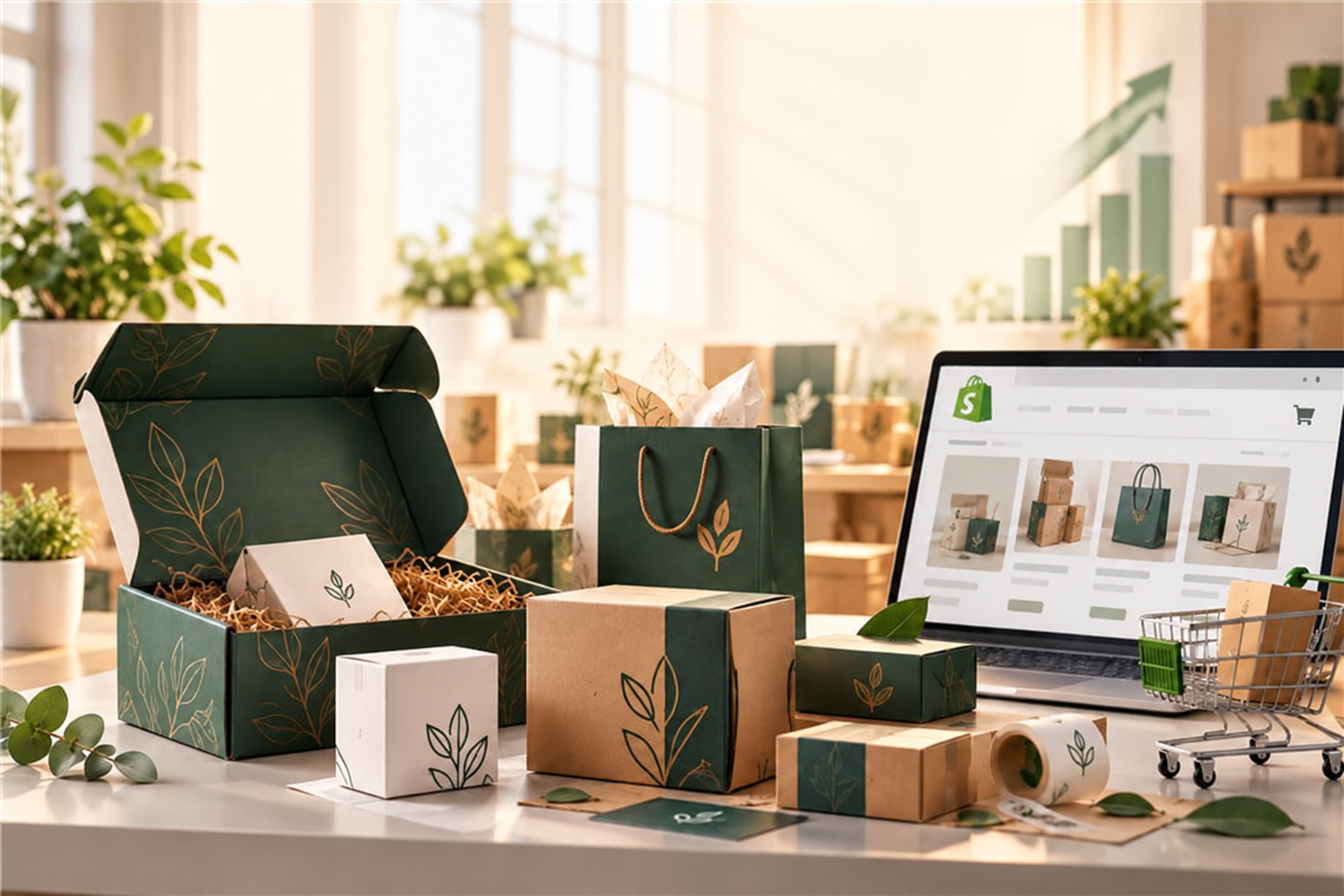 Branded ecommerce shipping boxes beside a Shopify storefront dashboard, illustrating packaging costs and order growth.