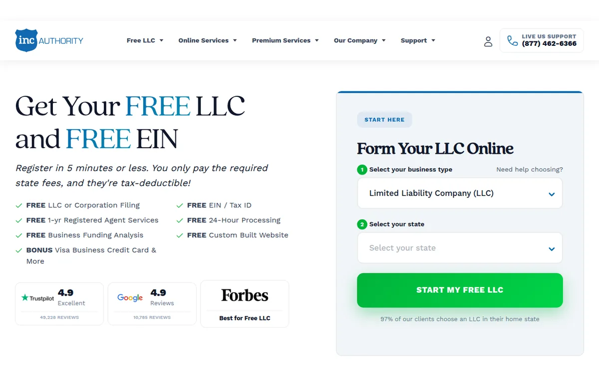 Inc Authority homepage with the headline Get Your FREE LLC and FREE EIN and a Start My Free LLC button