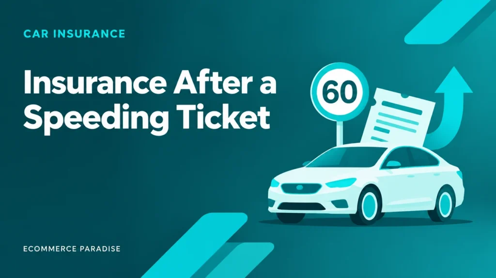 Insurance increase after a speeding ticket guide cover showing a car and rising arrow in Ecommerce Paradise teal branding