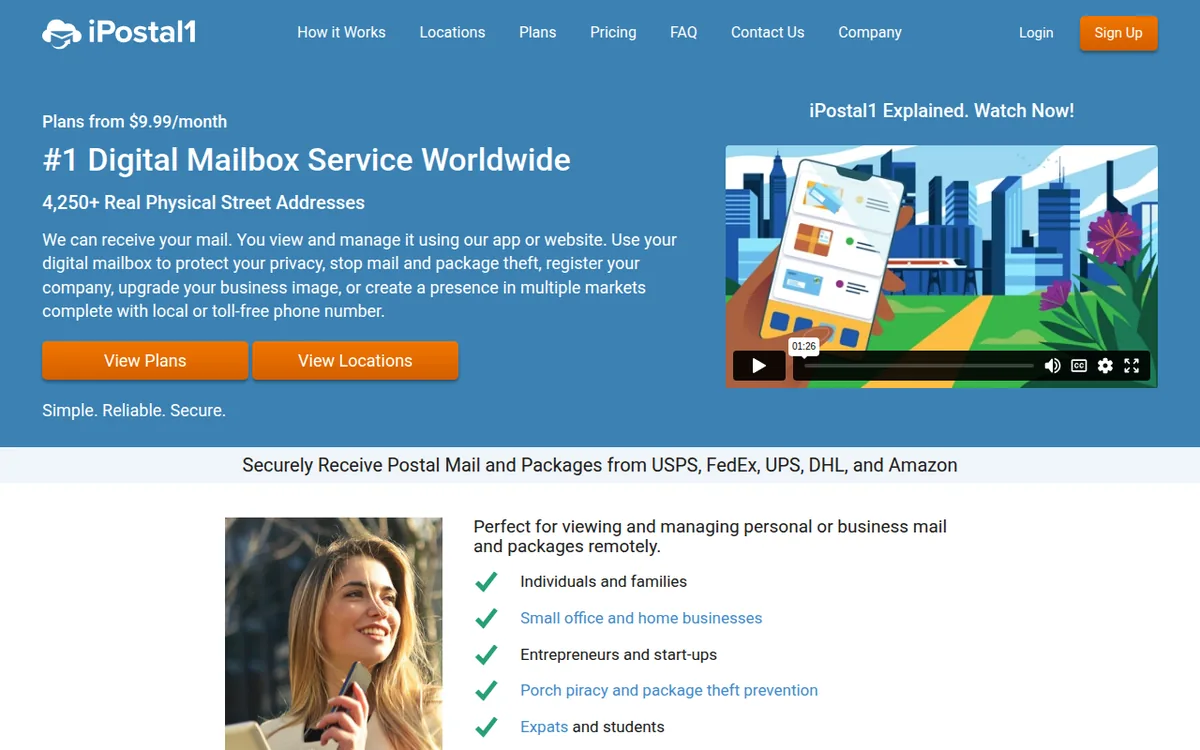iPostal1 homepage showing plans from $9.99 a month and 4,250+ real physical street addresses
