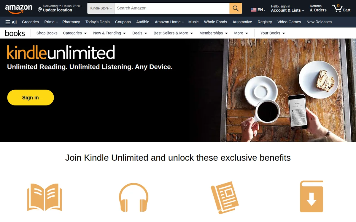 Kindle Unlimited membership page screenshot October 2026 Kindle Unlimited page with the headline Unlimited Reading. Unlimited Listening. Any Device.