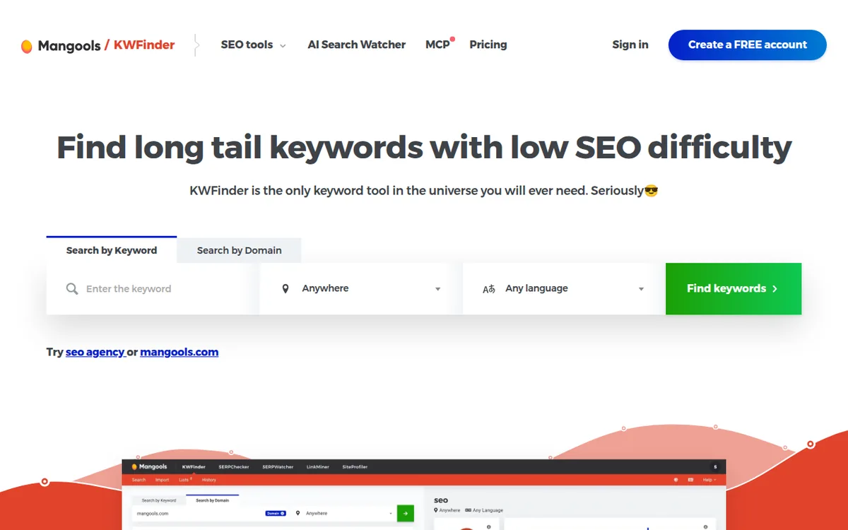 KWFinder page headline Find long tail keywords with low SEO difficulty and a keyword search box