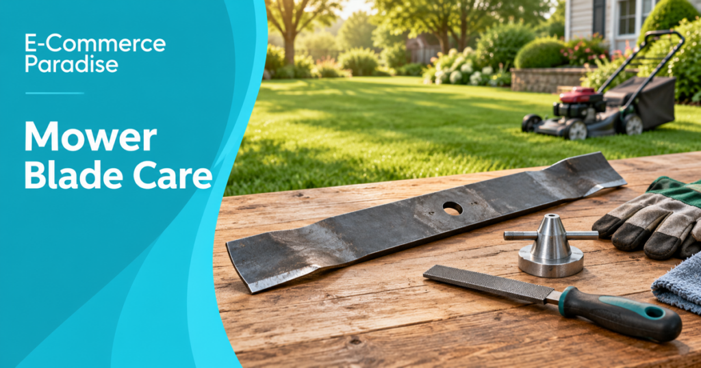 E-Commerce Paradise mower blade care graphic showing a lawn mower blade, blade balancer, file, work gloves, and a green lawn