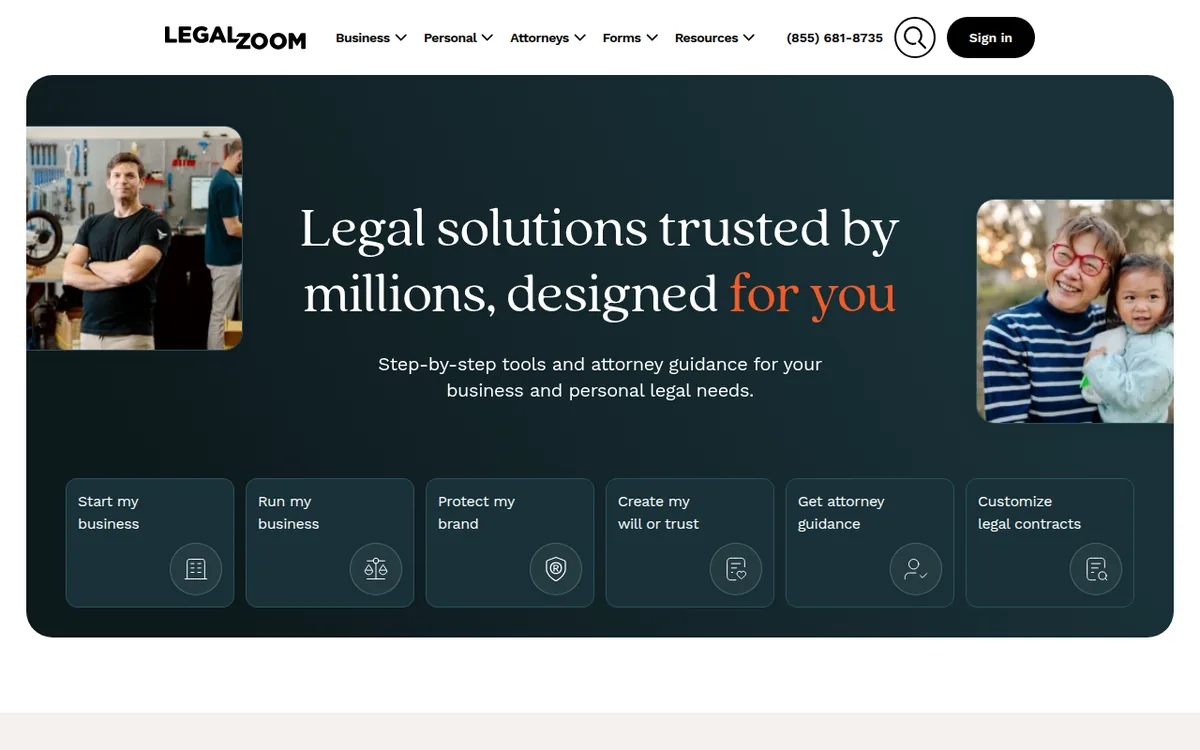LegalZoom homepage screenshot October 2026 LegalZoom homepage with the headline Legal solutions trusted by millions and options to start or run a business