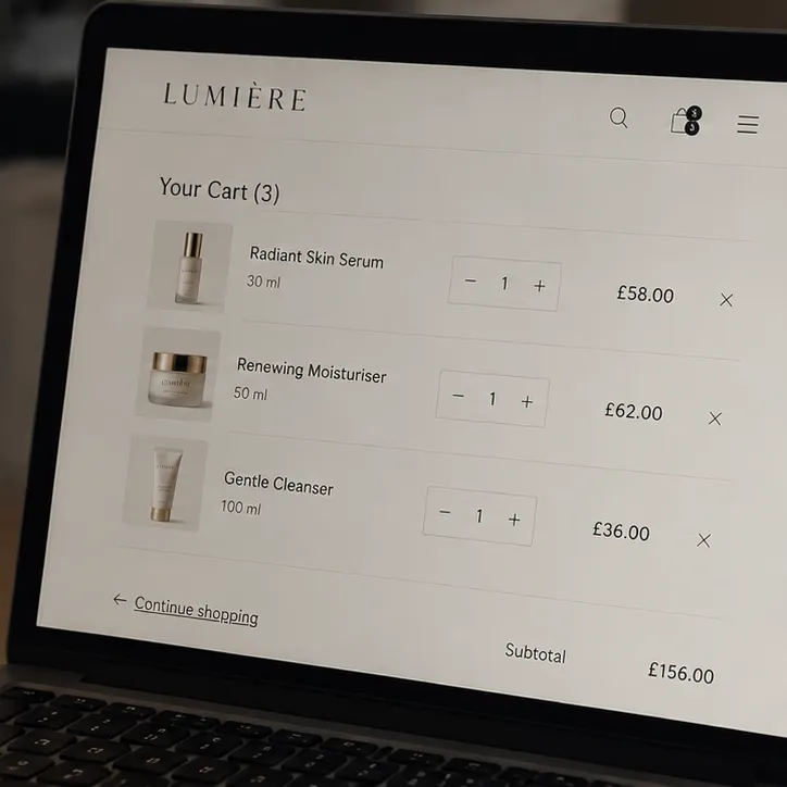 Illustrative laptop shopping cart with skincare products