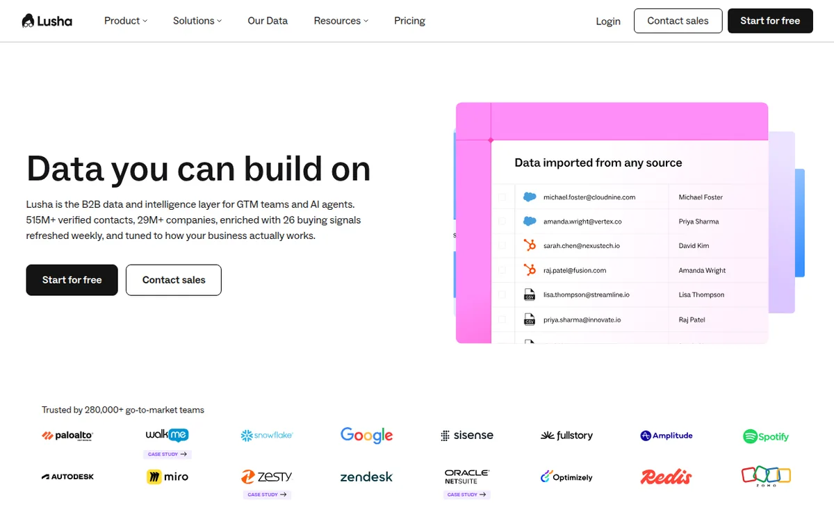 Lusha homepage with its data you can build on headline and Start for free button