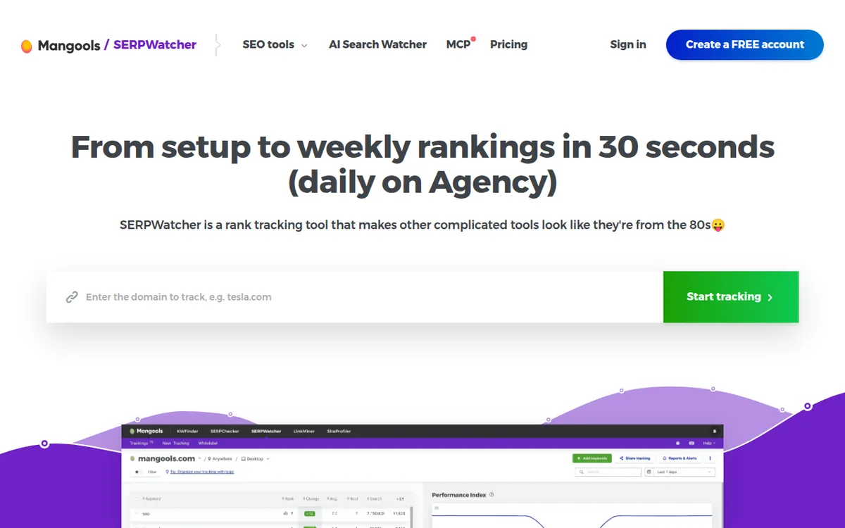 Mangools SERPWatcher page promising weekly rank tracking in 30 seconds