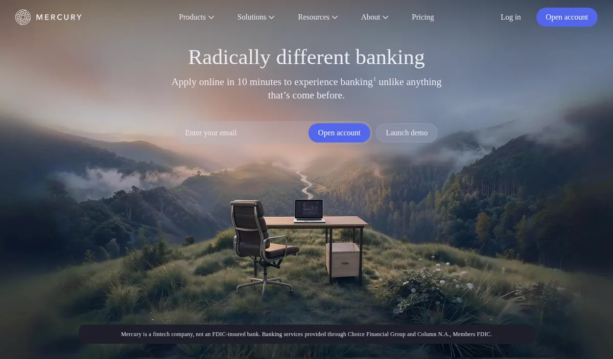 Mercury homepage with the headline Radically different banking and an Open account button