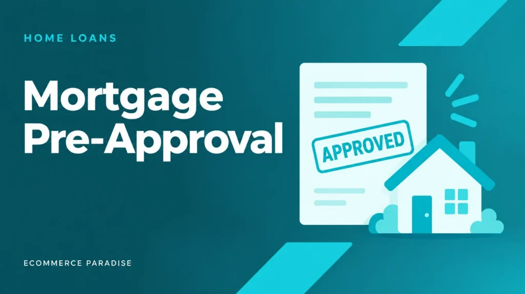 Mortgage pre-approval guide cover showing an approved loan document and house in Ecommerce Paradise teal branding