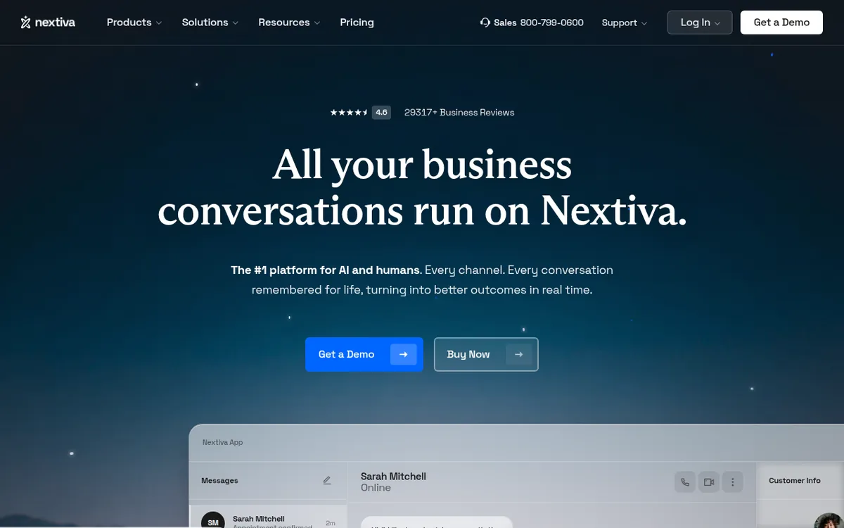 Nextiva homepage with the headline all your business conversations run on Nextiva