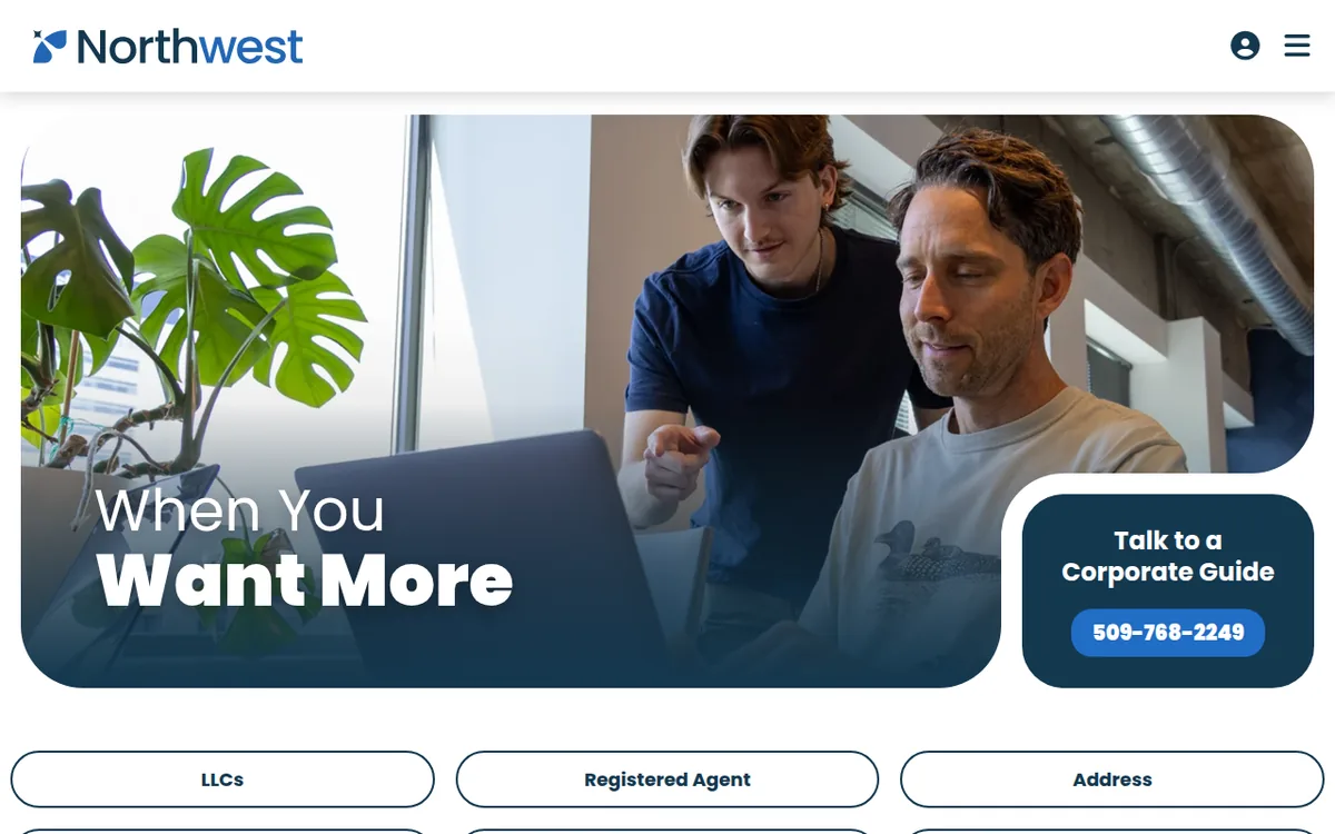 Northwest Registered Agent homepage with the headline When You Want More and LLC, Registered Agent and Address links