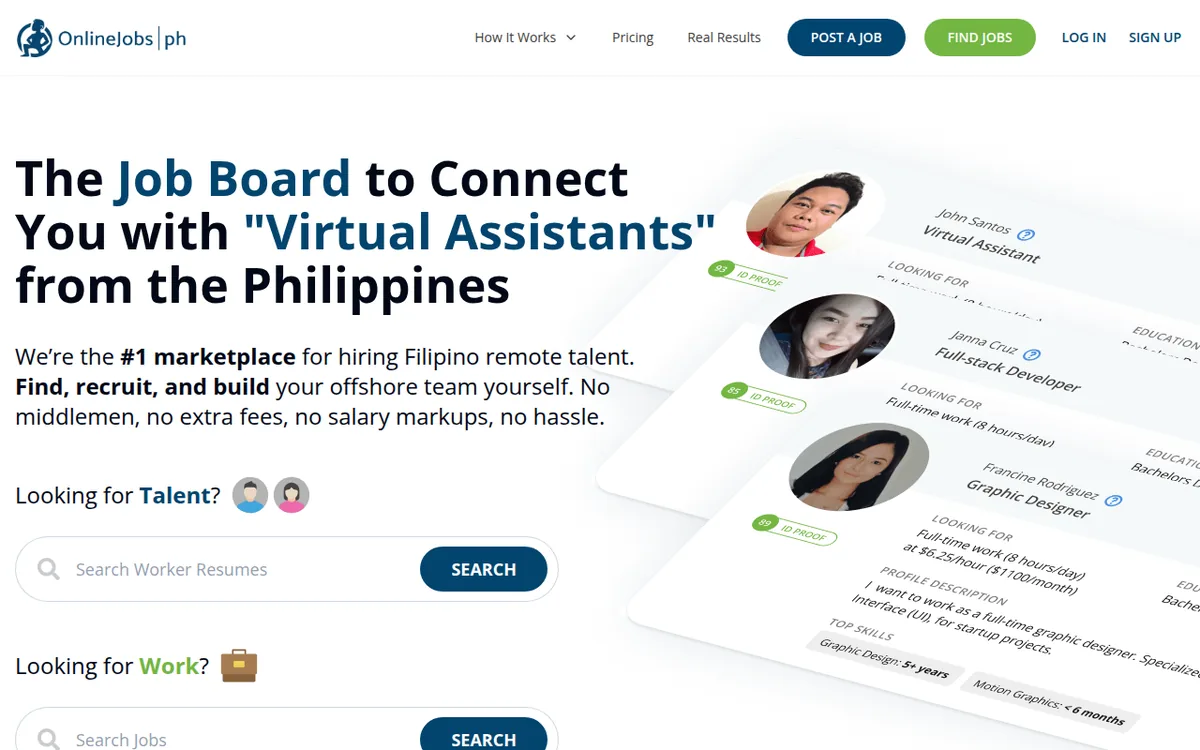 OnlineJobs.ph homepage headline: the job board to connect you with virtual assistants from the Philippines
