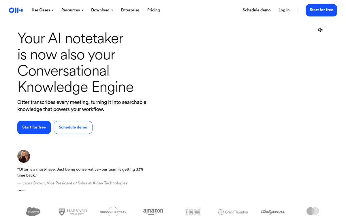 Otter.ai homepage with the headline Your AI notetaker is now also your Conversational Knowledge Engine and a Start for free button