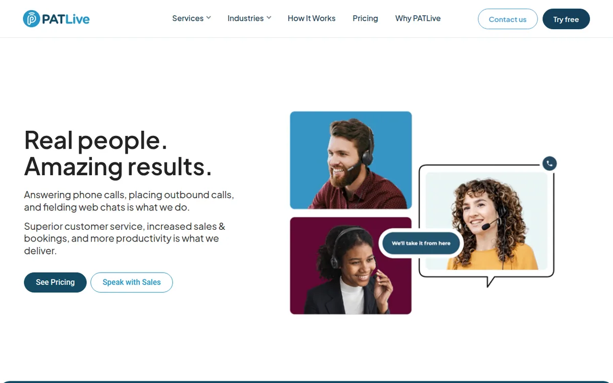 PATLive homepage with the headline Real people. Amazing results. and See Pricing and Speak with Sales buttons