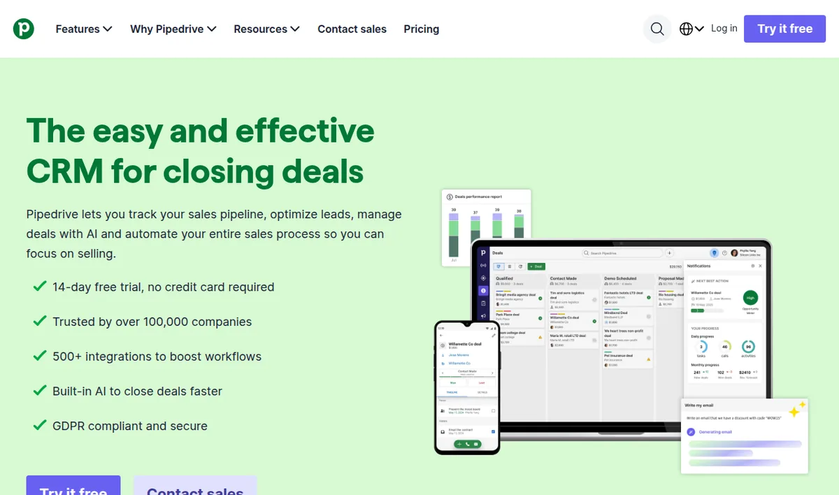 Pipedrive homepage with its CRM for closing deals headline and 14-day free trial note