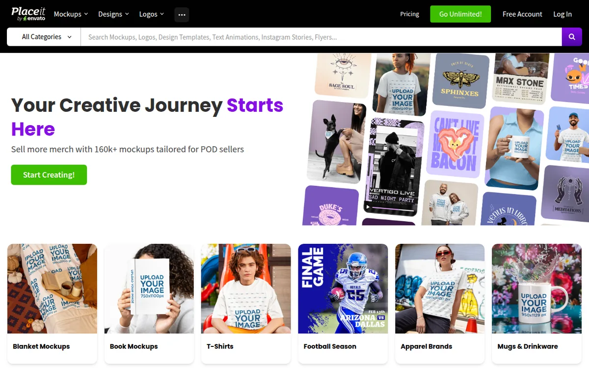 Placeit mockup library homepage October 2026 Placeit homepage showing 160k+ mockups tailored for print-on-demand sellers and a Go Unlimited button
