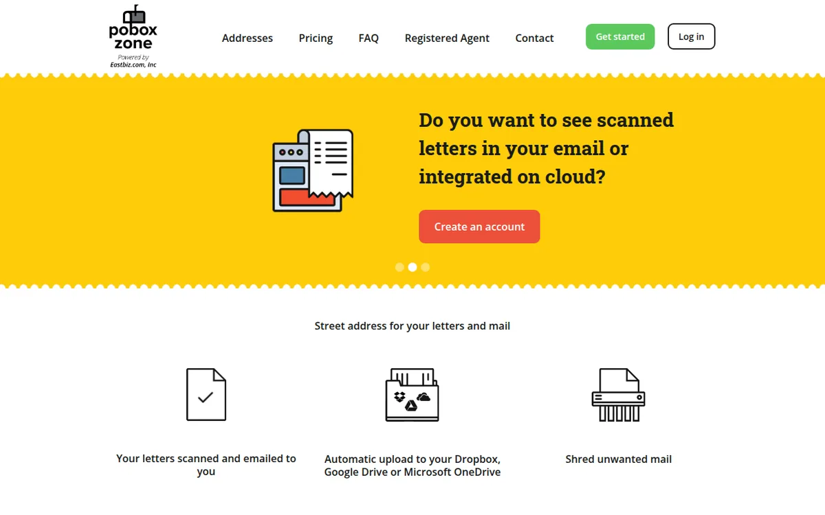 PO Box Zone virtual mailbox homepage PO Box Zone homepage promoting scanned mail by email and automatic upload to cloud storage