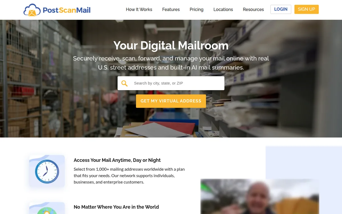 PostScan Mail homepage with the headline Your Digital Mailroom and a Get My Virtual Address button
