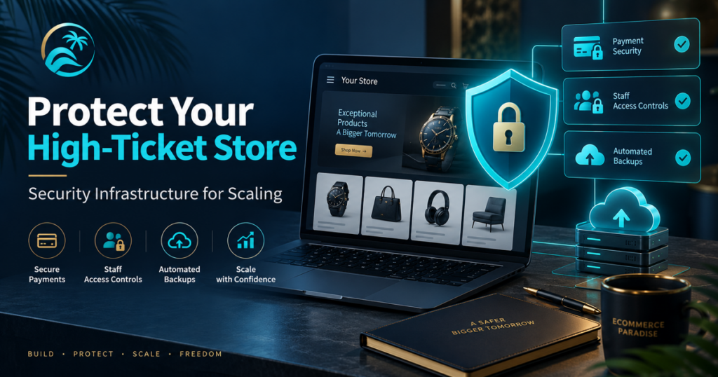 High-ticket ecommerce store security dashboard showing payment security, staff access controls, automated backups, and a padlock shield