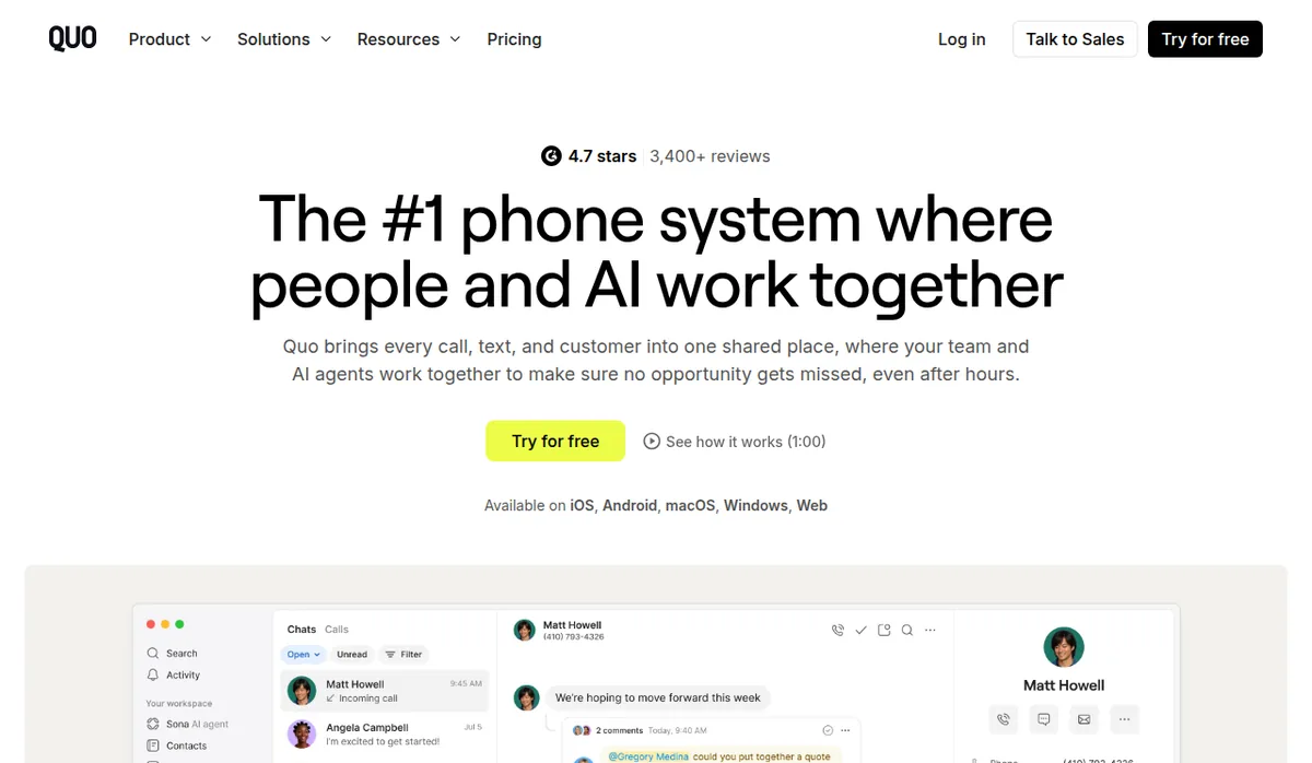 Quo homepage showing the shared phone system for small businesses and Try for free button