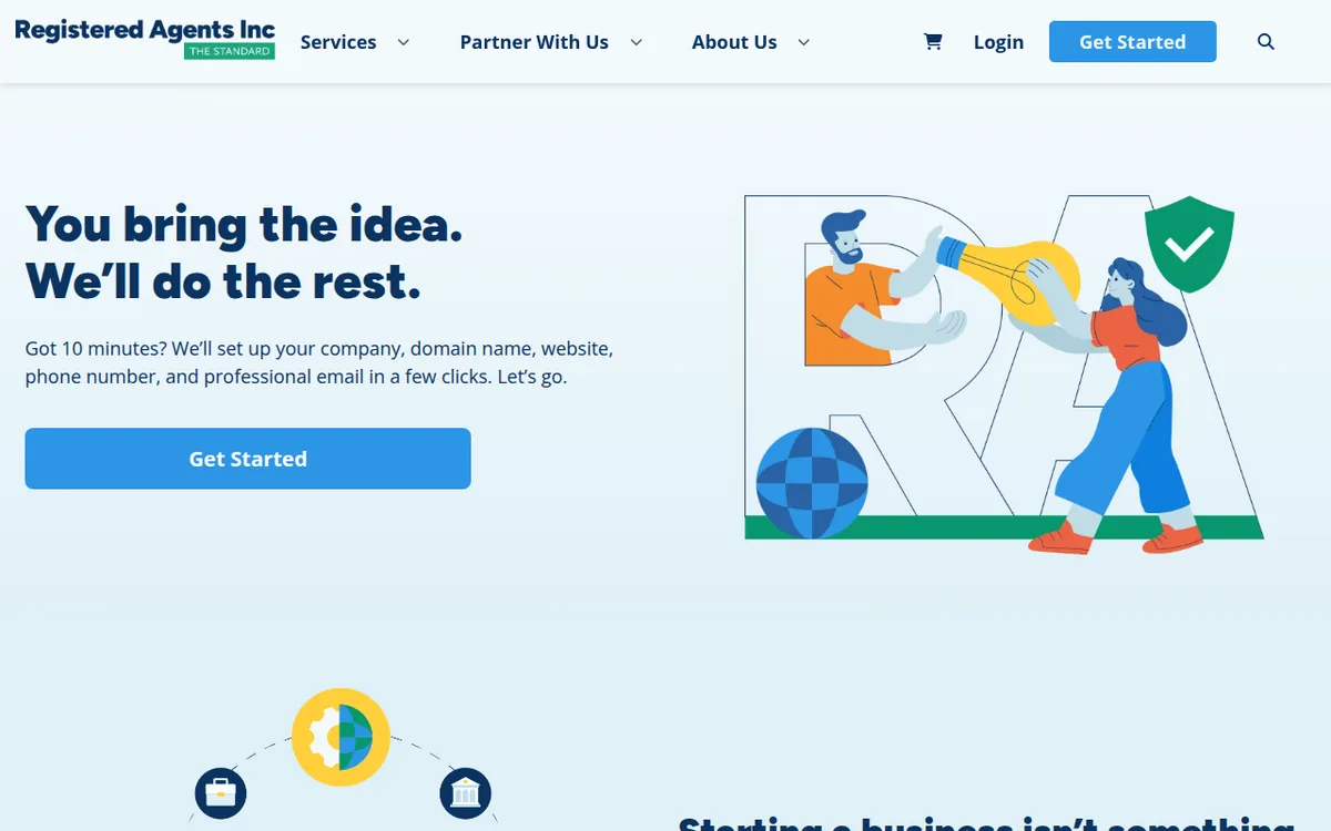 Registered Agents Inc homepage with the headline You bring the idea, we do the rest and a Get Started button