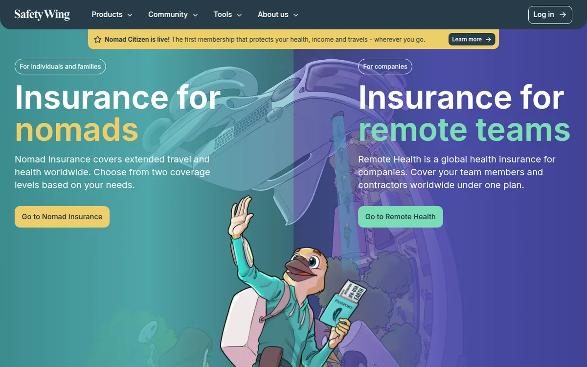 SafetyWing homepage with insurance for nomads and remote teams