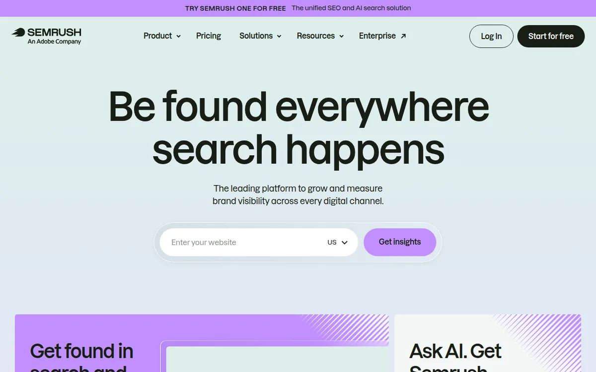 Semrush homepage with the headline Be found everywhere search happens and a Start for free button