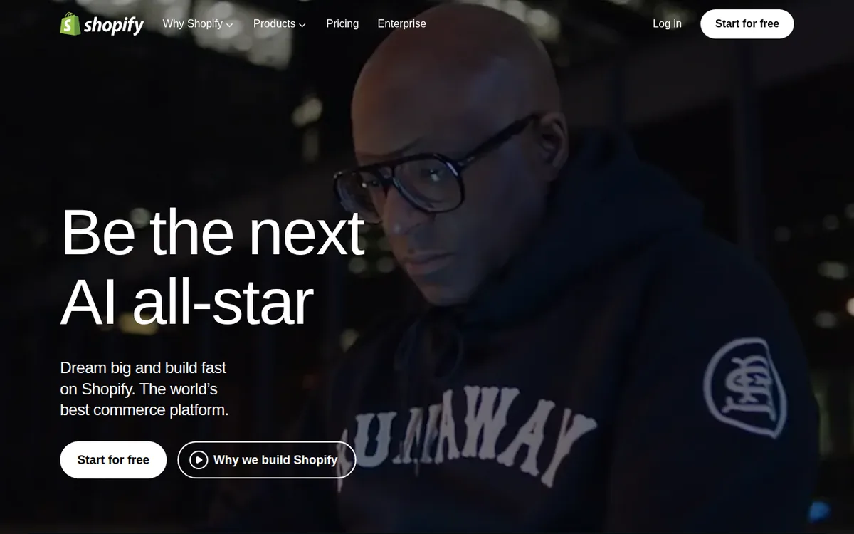 Shopify ecommerce platform homepage with a start-for-free button