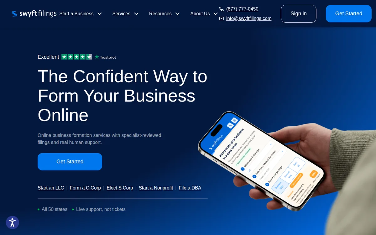Swyft Filings homepage with the headline The Confident Way to Form Your Business Online and a Get Started button