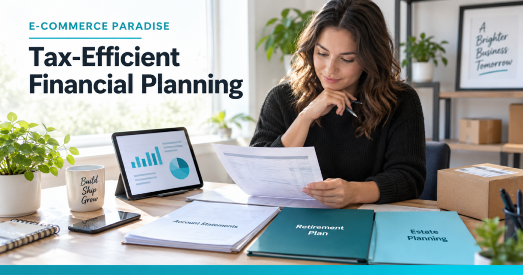 Ecommerce owner reviewing retirement and estate planning documents at a desk