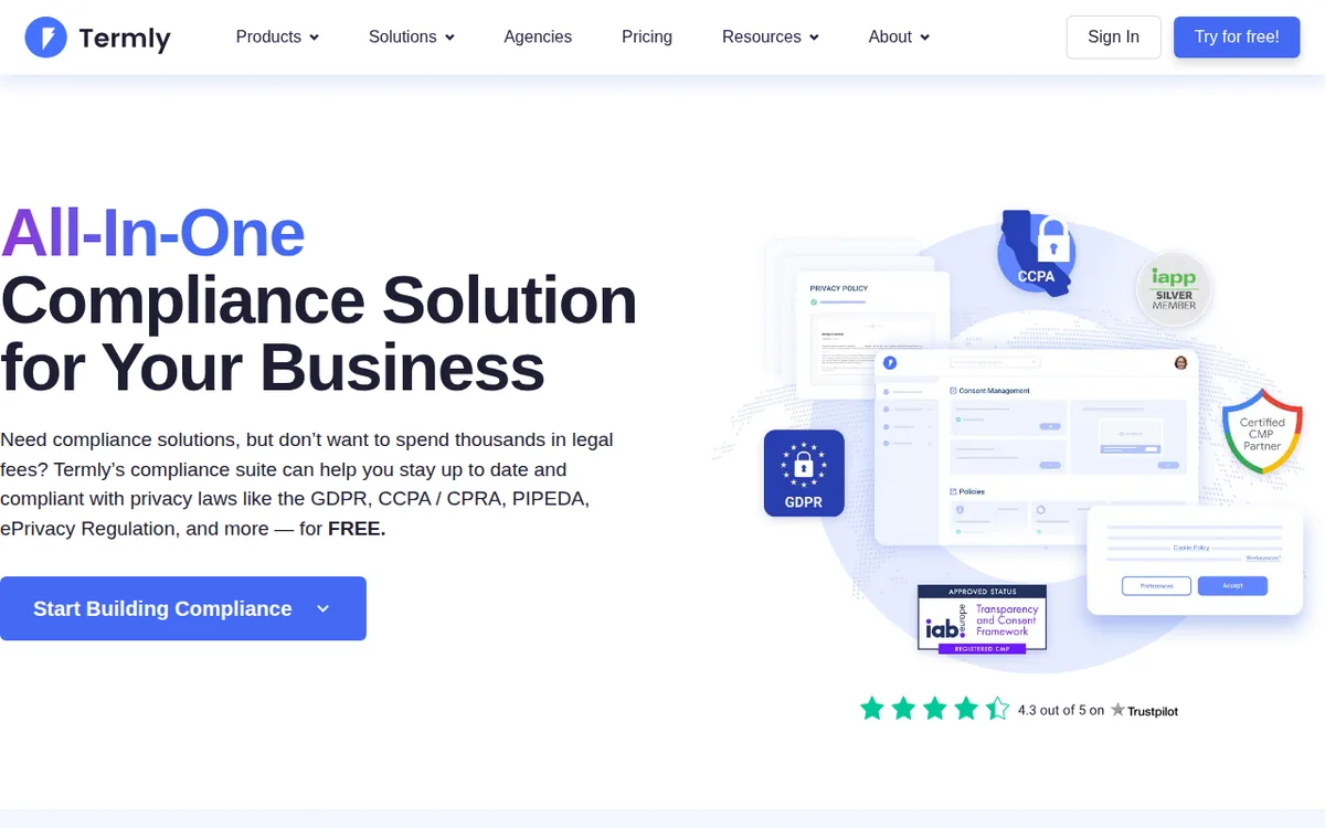 Termly homepage screenshot October 2026 Termly homepage with the headline All-In-One Compliance Solution for Your Business and GDPR and CCPA badges