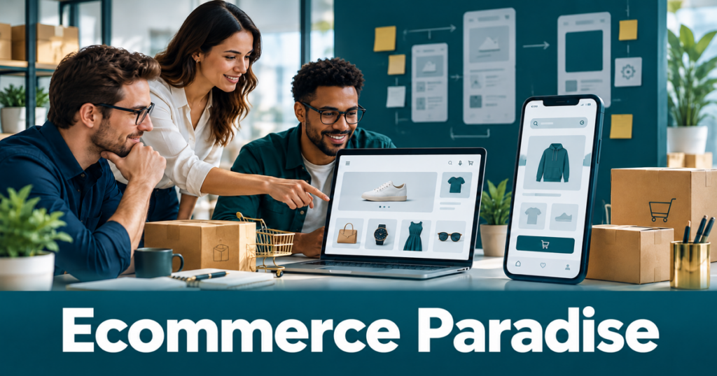 Ecommerce team reviewing a mobile shopping app on a phone and laptop