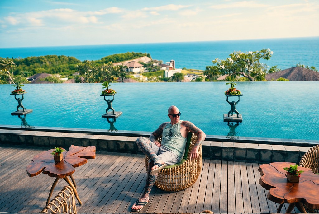 Trevor Fenner on a deck overlooking the ocean in Bali
