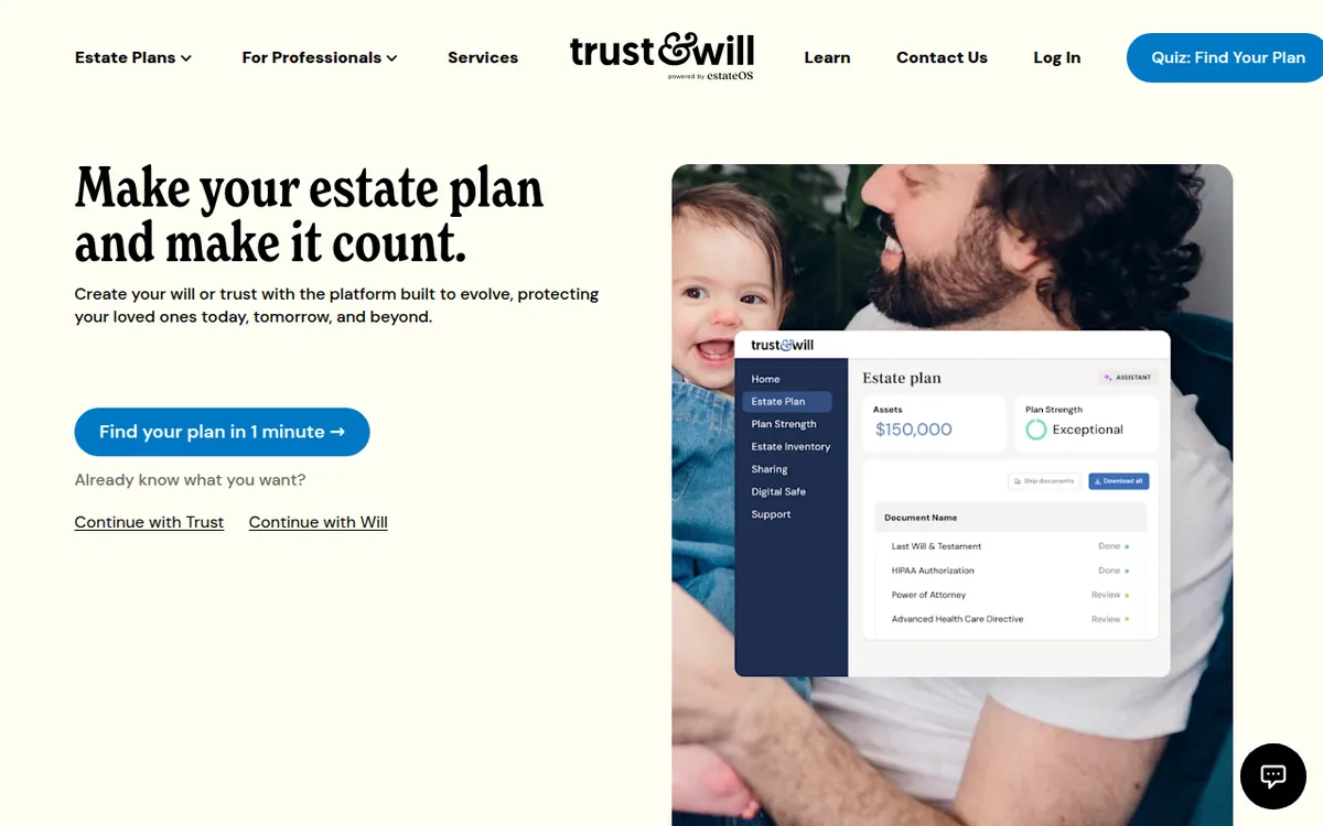 Trust & Will homepage screenshot October 2026 Trust & Will homepage with the headline Make your estate plan and make it count and a Find your plan button