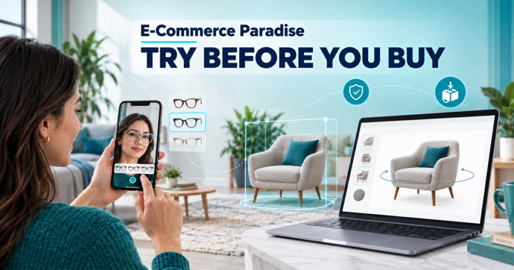 Shopper using virtual try-on glasses and a 3D chair preview on an ecommerce product page