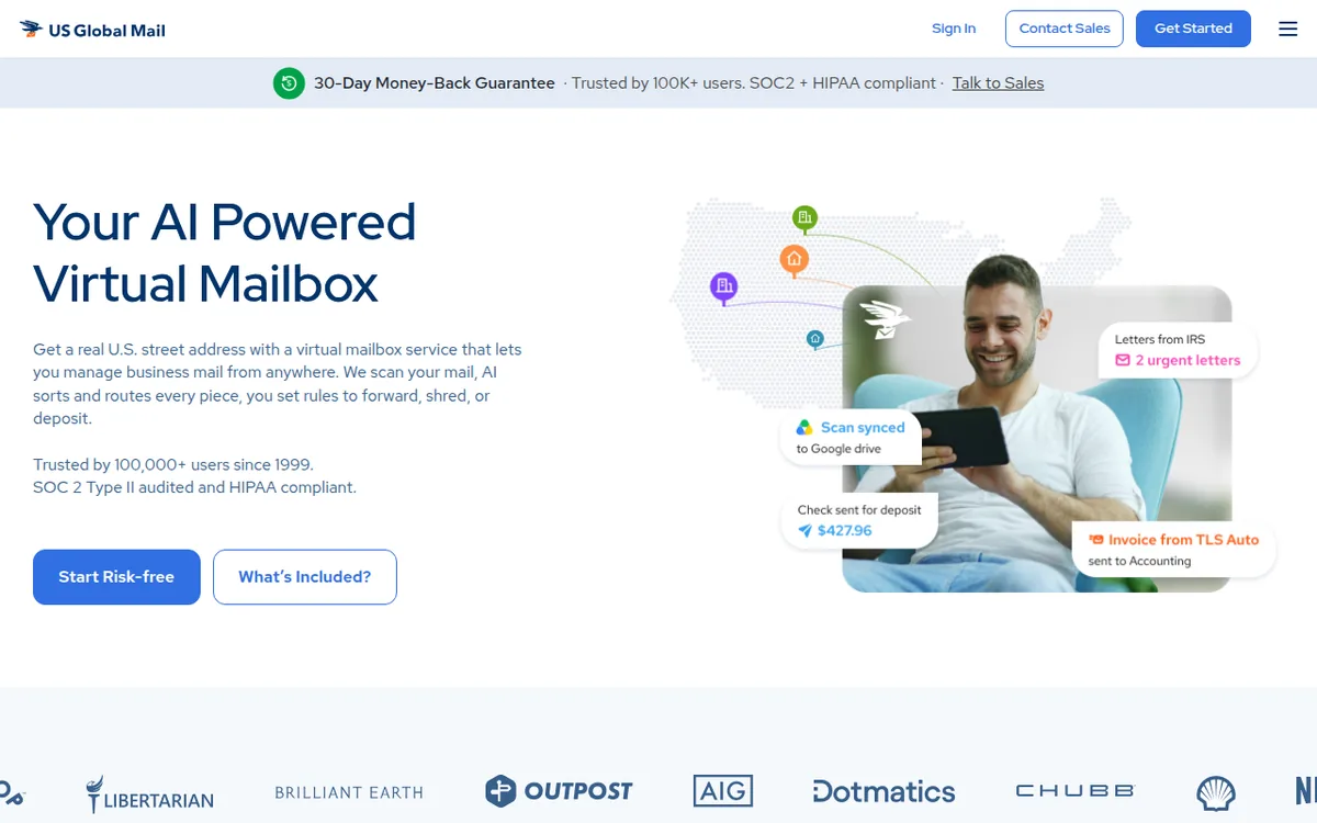 US Global Mail homepage with the AI powered virtual mailbox headline and Start Risk-free button