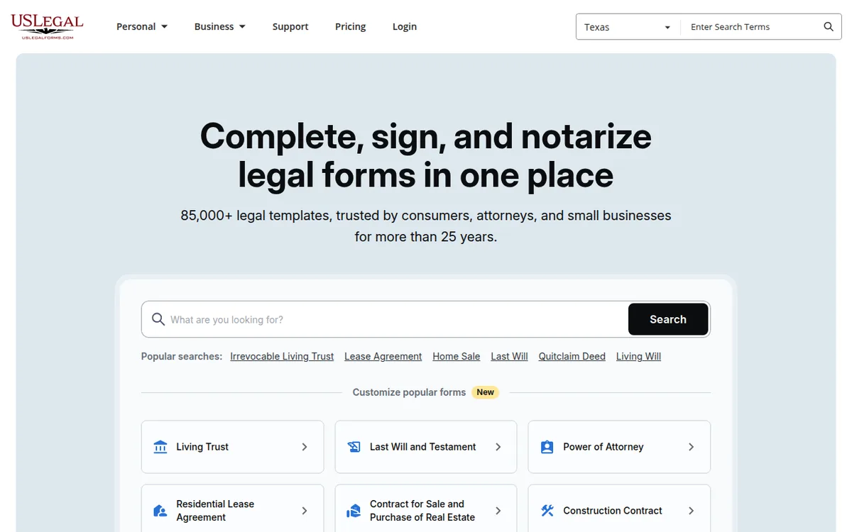 US Legal Forms homepage screenshot October 2026 US Legal Forms homepage with the headline Complete, sign, and notarize legal forms in one place and a search box