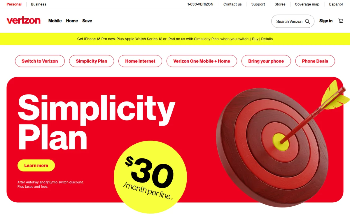 Verizon homepage showing the Simplicity Plan at $30 a month per line with a Learn more button