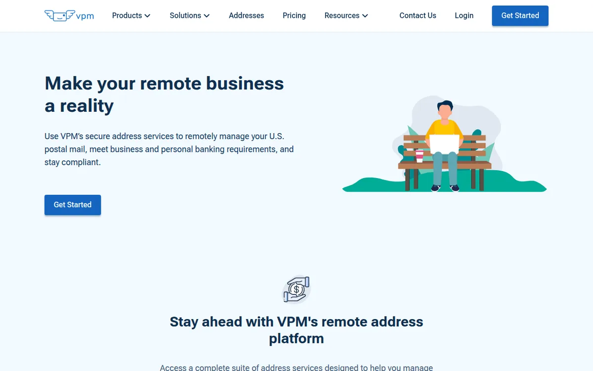 Virtual Post Mail homepage with the headline make your remote business a reality and Get Started button