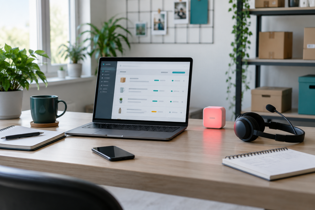 Ecommerce operations desk with laptop, headset, and a red visual status light