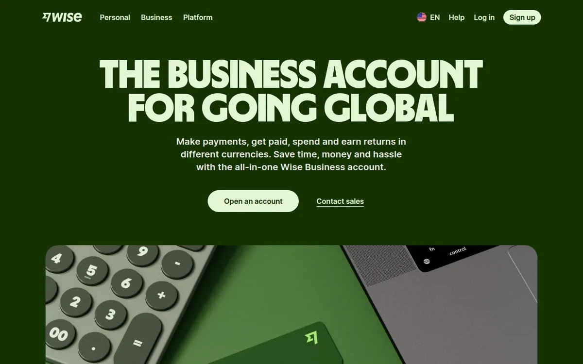 Wise Business homepage with the headline The business account for going global and Open an account button