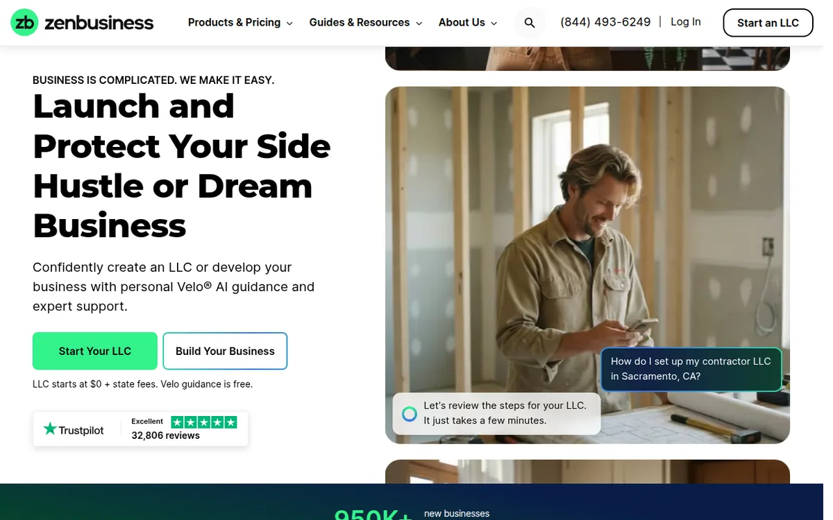 ZenBusiness homepage showing LLCs start at $0 plus state fees and 32,806 Trustpilot reviews